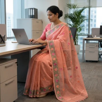 Kota Doria Rose Embroidered Saree — Peach