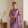 Kota Doria Floral Print Saree — Purple — Rozana — flat lay
