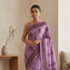 Kota Doria Floral Print Saree — Purple — Rozana — flat lay