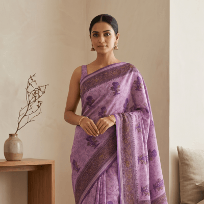 Kota Doria Floral Print Saree — Purple — Rozana — flat lay