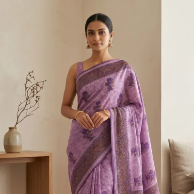 Kota Doria Floral Print Saree — Purple — Rozana — flat lay