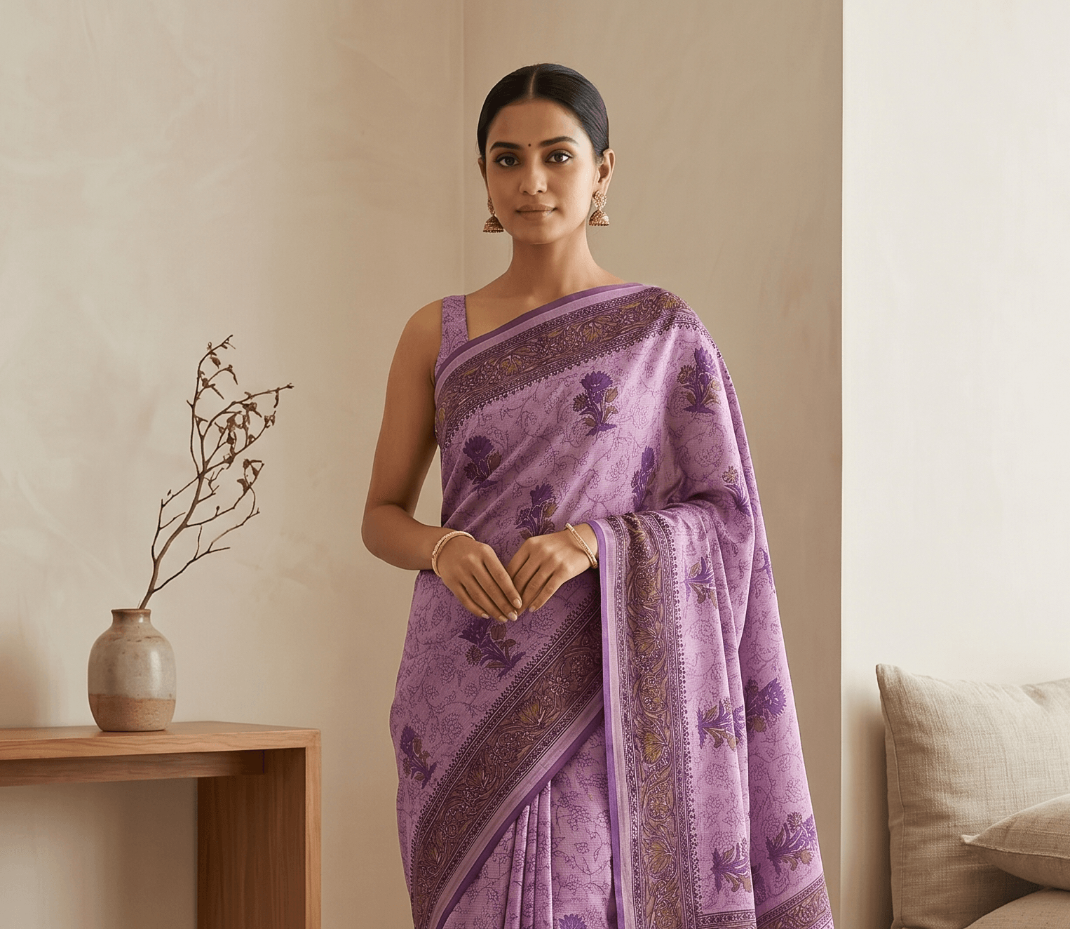 Kota Doria Floral Print Saree — Purple — Rozana — flat lay