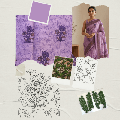 Kota Doria Floral Print Saree — Purple — Rozana — drape detail