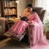 Kota Doria Rose Embroidered Saree — Baby Pink