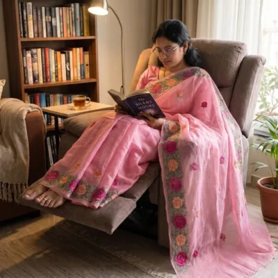 Kota Doria Rose Embroidered Saree — Baby Pink