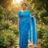 Khadi Harsingar Embroidered Saree — Sky Blue