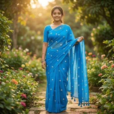 Khadi Harsingar Embroidered Saree — Sky Blue