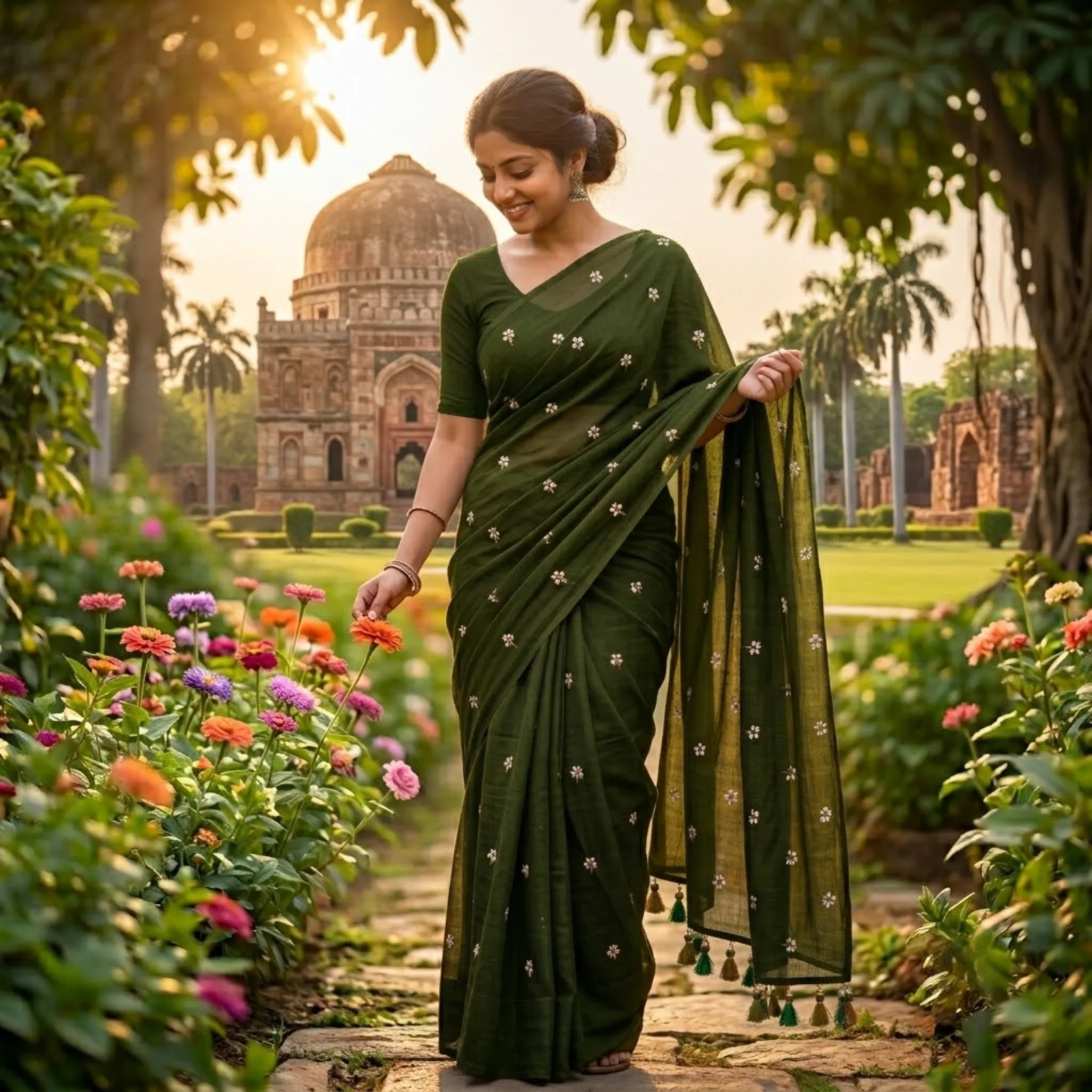Khadi Harsingar Embroidered Saree — Bottle Green