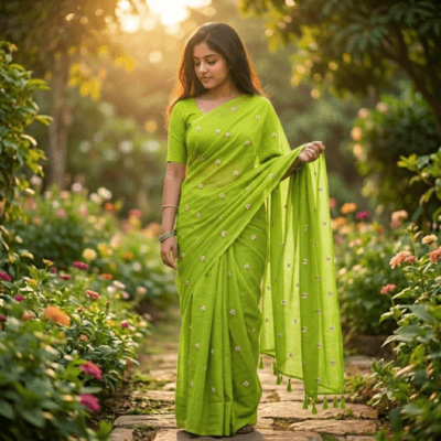Khadi Harsingar Embroidered Saree — Lime Green