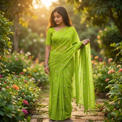 Khadi Harsingar Embroidered Saree — Lime Green