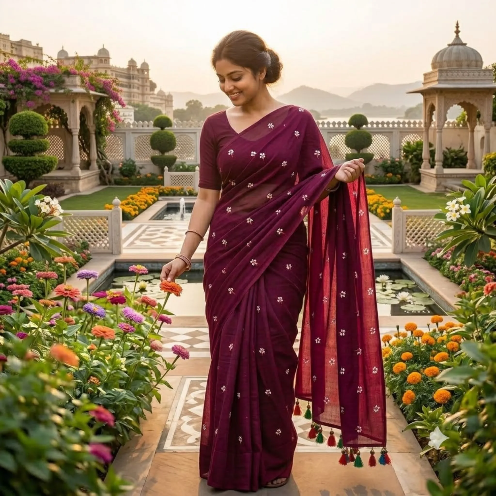 Khadi Harsingar Embroidered Saree — Wine