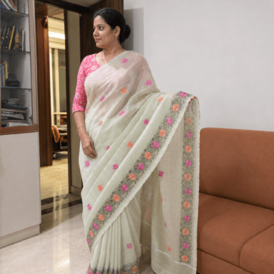 Kota Doria Rose Embroidered Saree — Mint Green