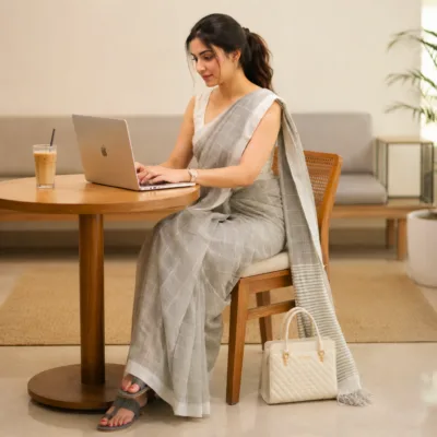 Khadi Monochrome Check Handloom Saree — Grey
