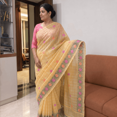 Kota Doria Rose Embroidered Saree — Yellow
