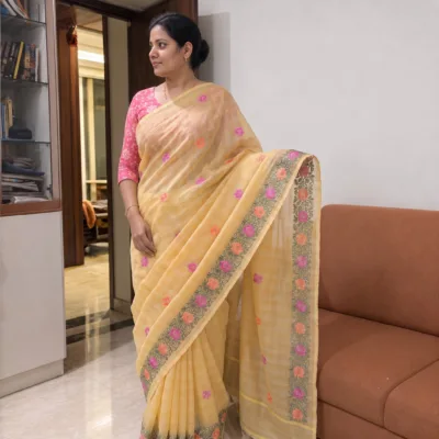 Kota Doria Rose Embroidered Saree — Yellow