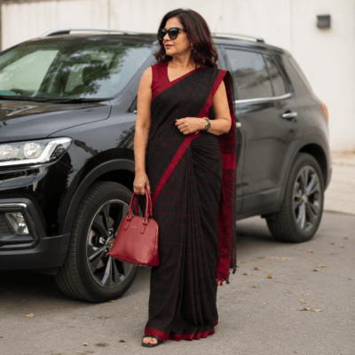 Khadi Check Handloom Saree — Black
