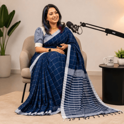 Khadi Monochrome Check Handloom Saree — Navy Blue