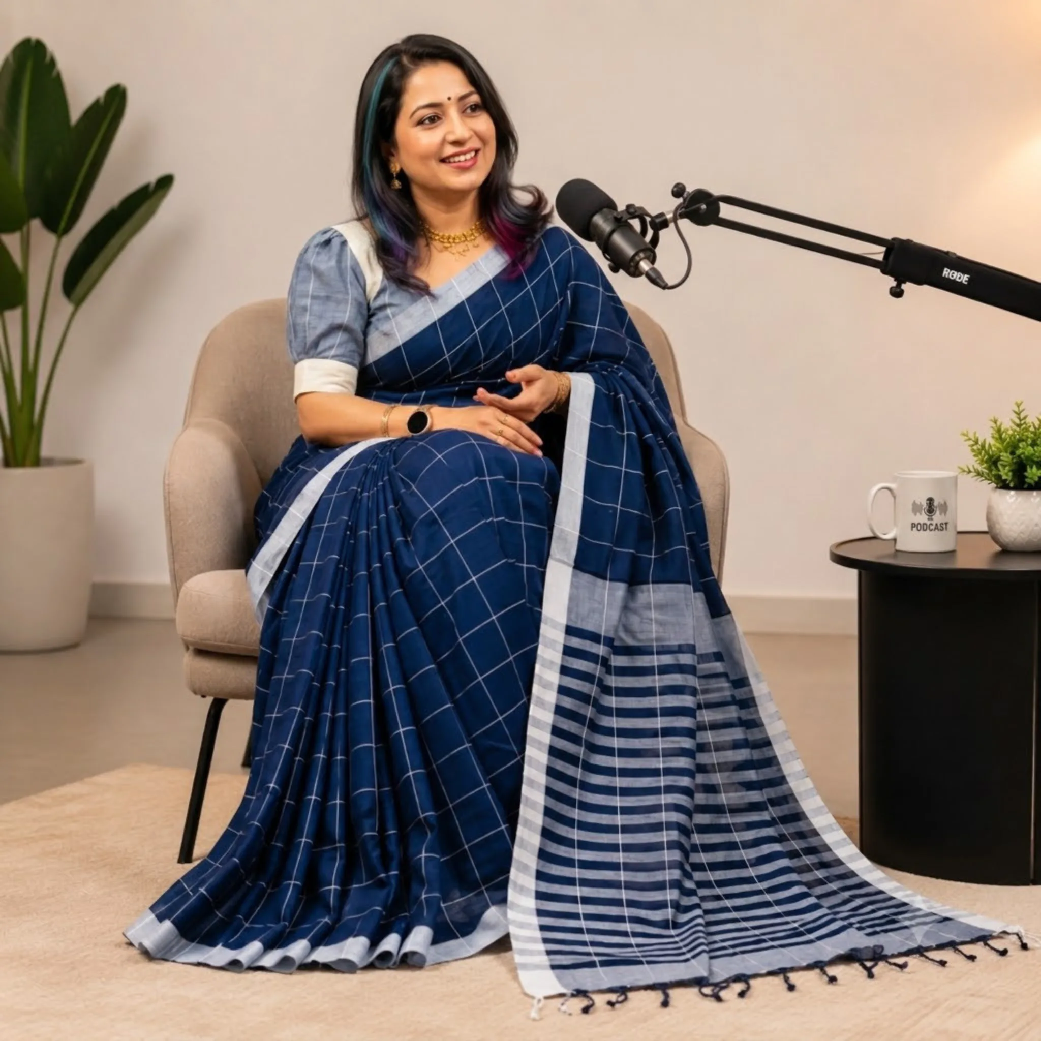 Khadi Monochrome Check Handloom Saree — Navy Blue