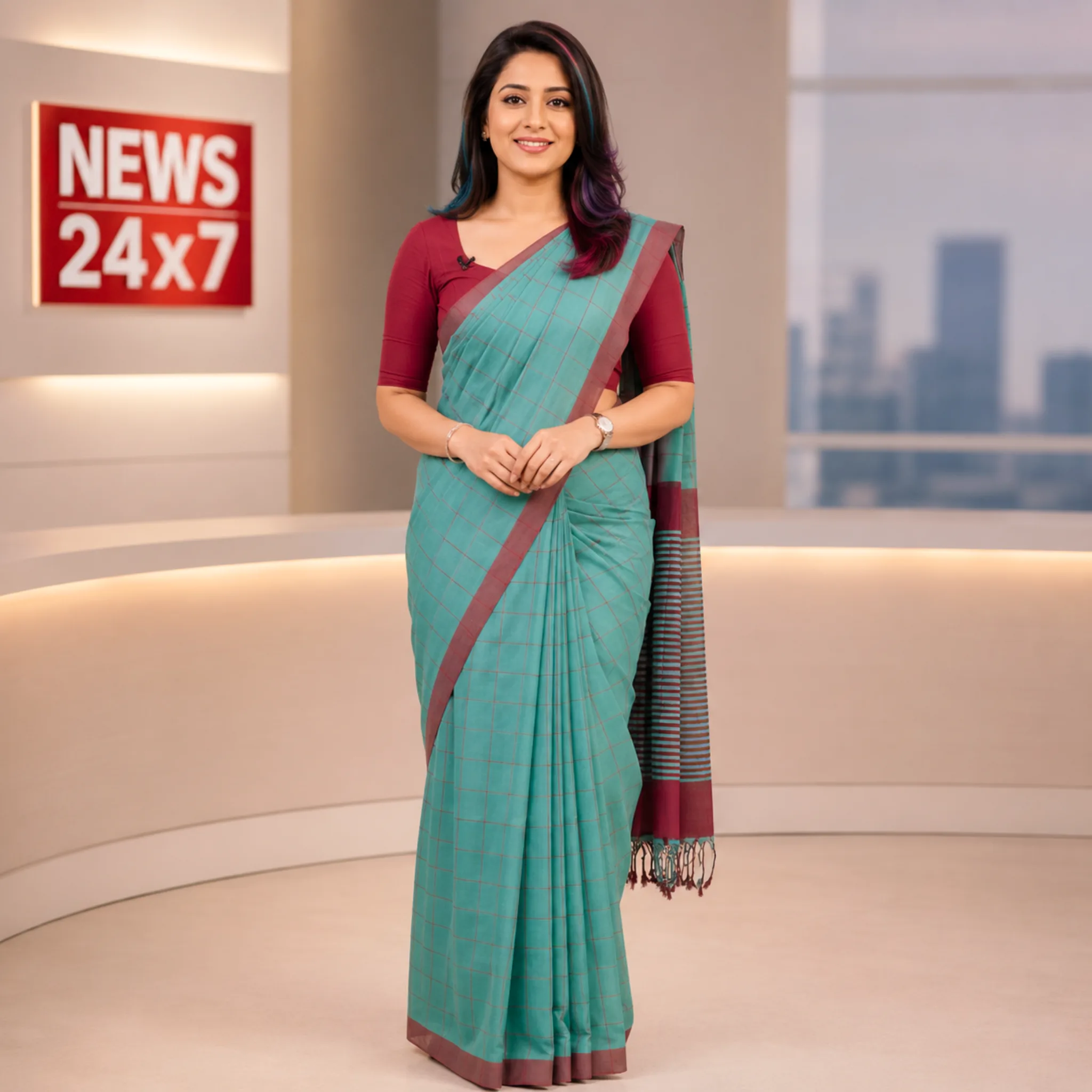 Khadi Check Handloom Saree — Green