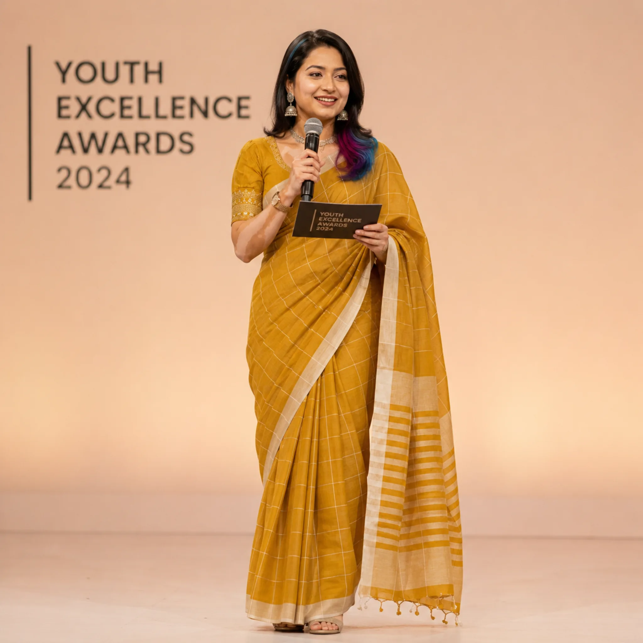 Khadi Monochrome Check Handloom Saree — Mustard