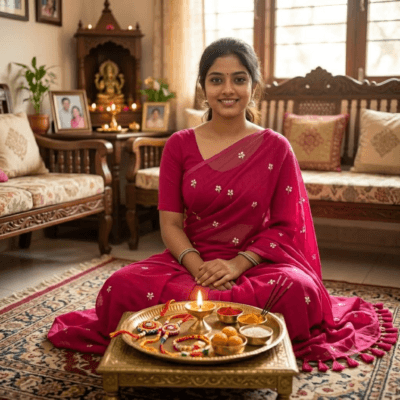 Khadi Harsingar Embroidered Saree — Rani Pink