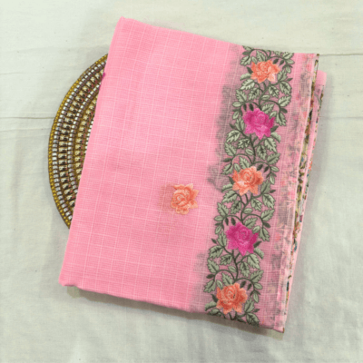 Alternative view of Kota Doria Rose Embroidered Saree — Baby Pink