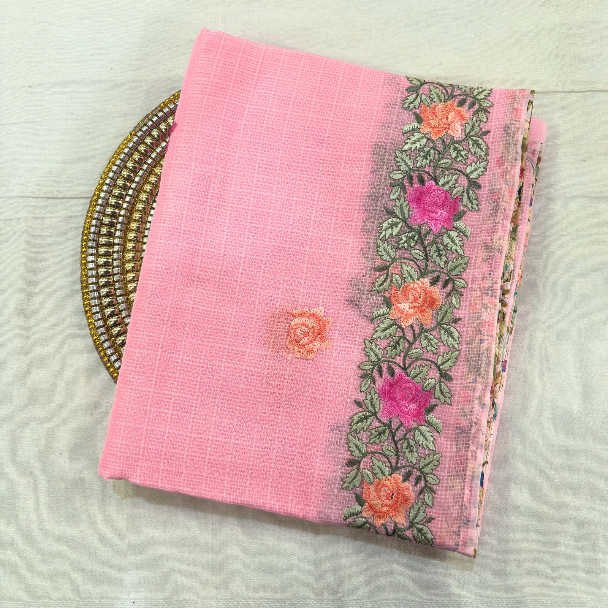Kota Doria Rose Embroidered Saree — Baby Pink - Image 2