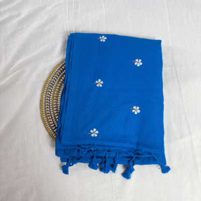 Khadi Harsingar Embroidered Saree — Sky Blue - Image 5