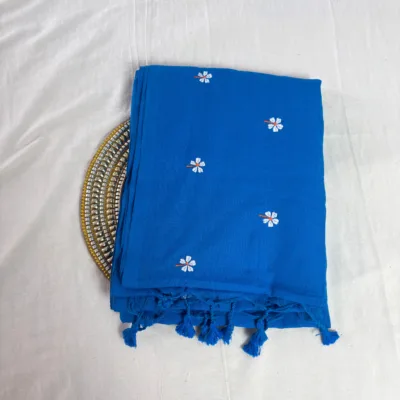 Khadi Harsingar Embroidered Saree — Sky Blue - Image 5