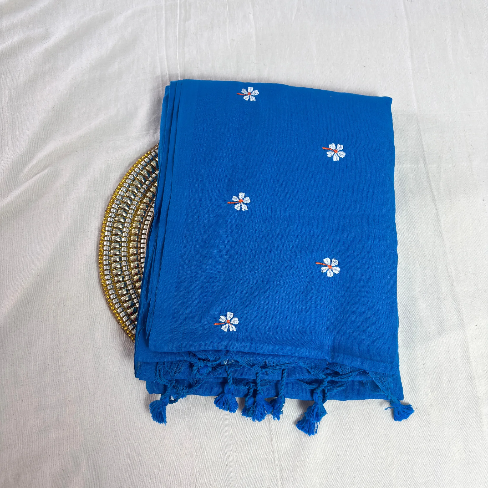 Khadi Harsingar Embroidered Saree — Sky Blue - Image 5