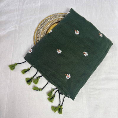 Khadi Harsingar Embroidered Saree — Bottle Green - Image 5