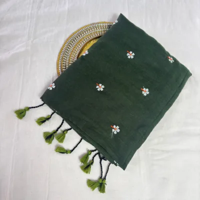 Khadi Harsingar Embroidered Saree — Bottle Green - Image 5