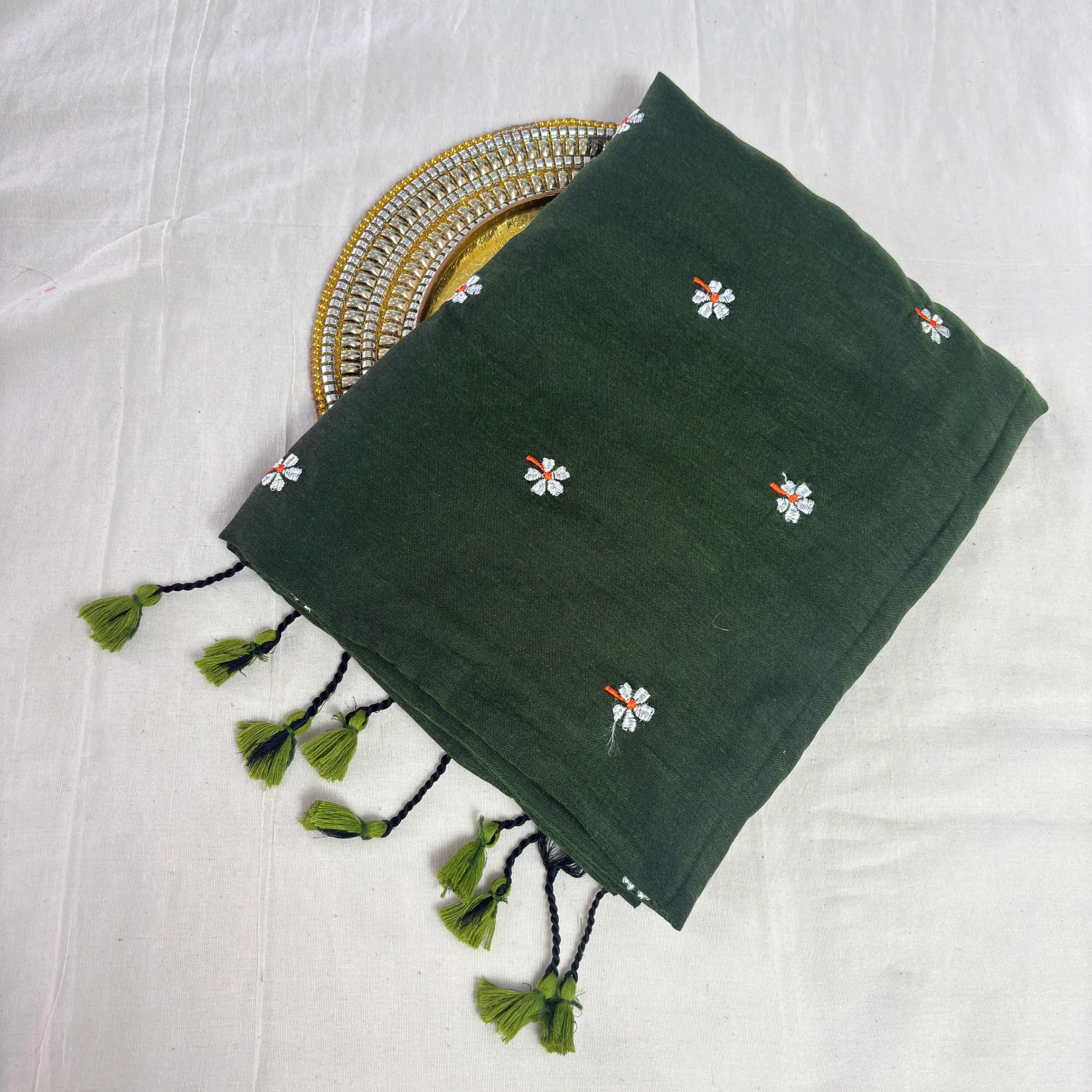 Khadi Harsingar Embroidered Saree — Bottle Green - Image 5