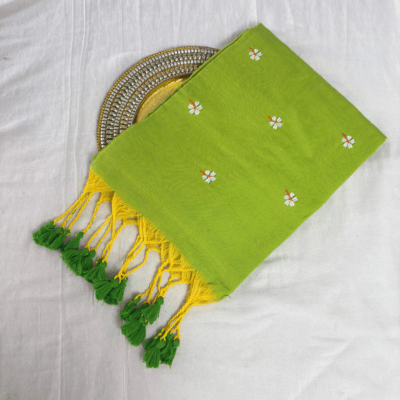 Khadi Harsingar Embroidered Saree — Lime Green - Image 6