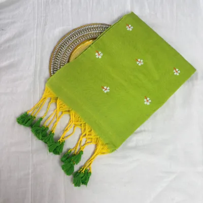 Khadi Harsingar Embroidered Saree — Lime Green - Image 6