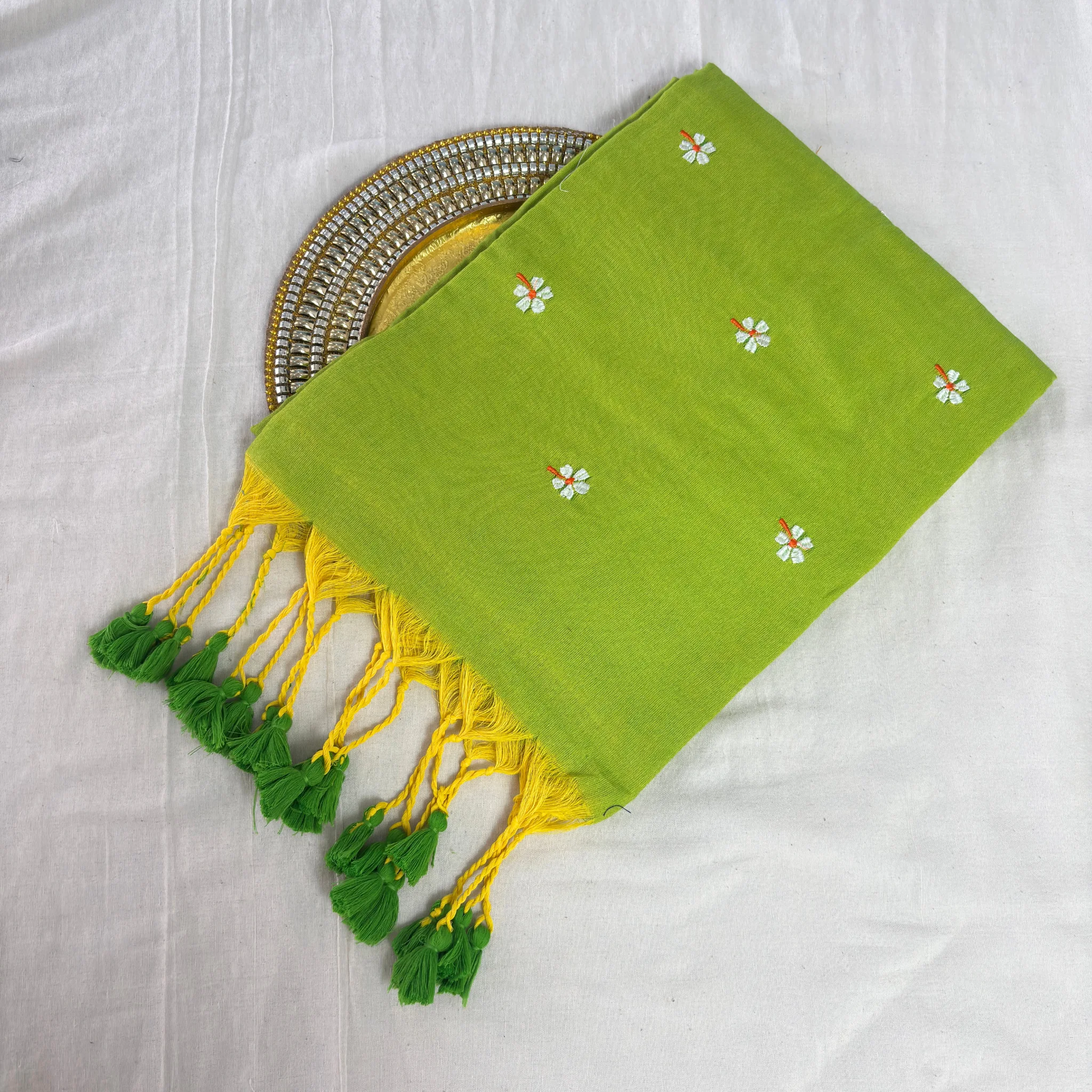 Khadi Harsingar Embroidered Saree — Lime Green - Image 6
