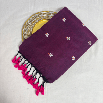 Khadi Harsingar Embroidered Saree — Wine - Image 5