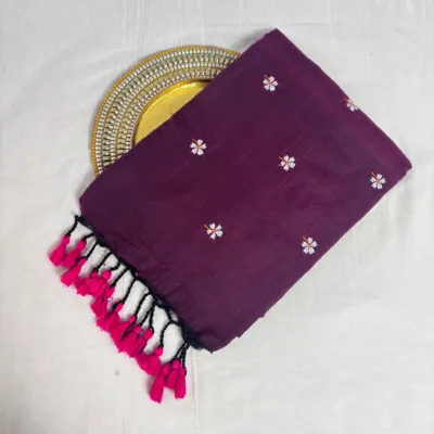 Khadi Harsingar Embroidered Saree — Wine - Image 5