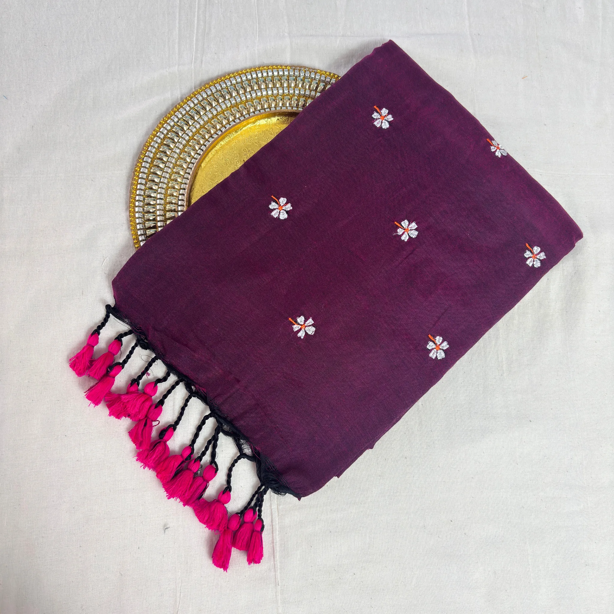 Khadi Harsingar Embroidered Saree — Wine - Image 5