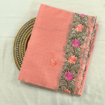 Alternative view of Kota Doria Rose Embroidered Saree — Peach