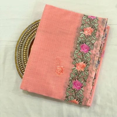 Alternative view of Kota Doria Rose Embroidered Saree — Peach