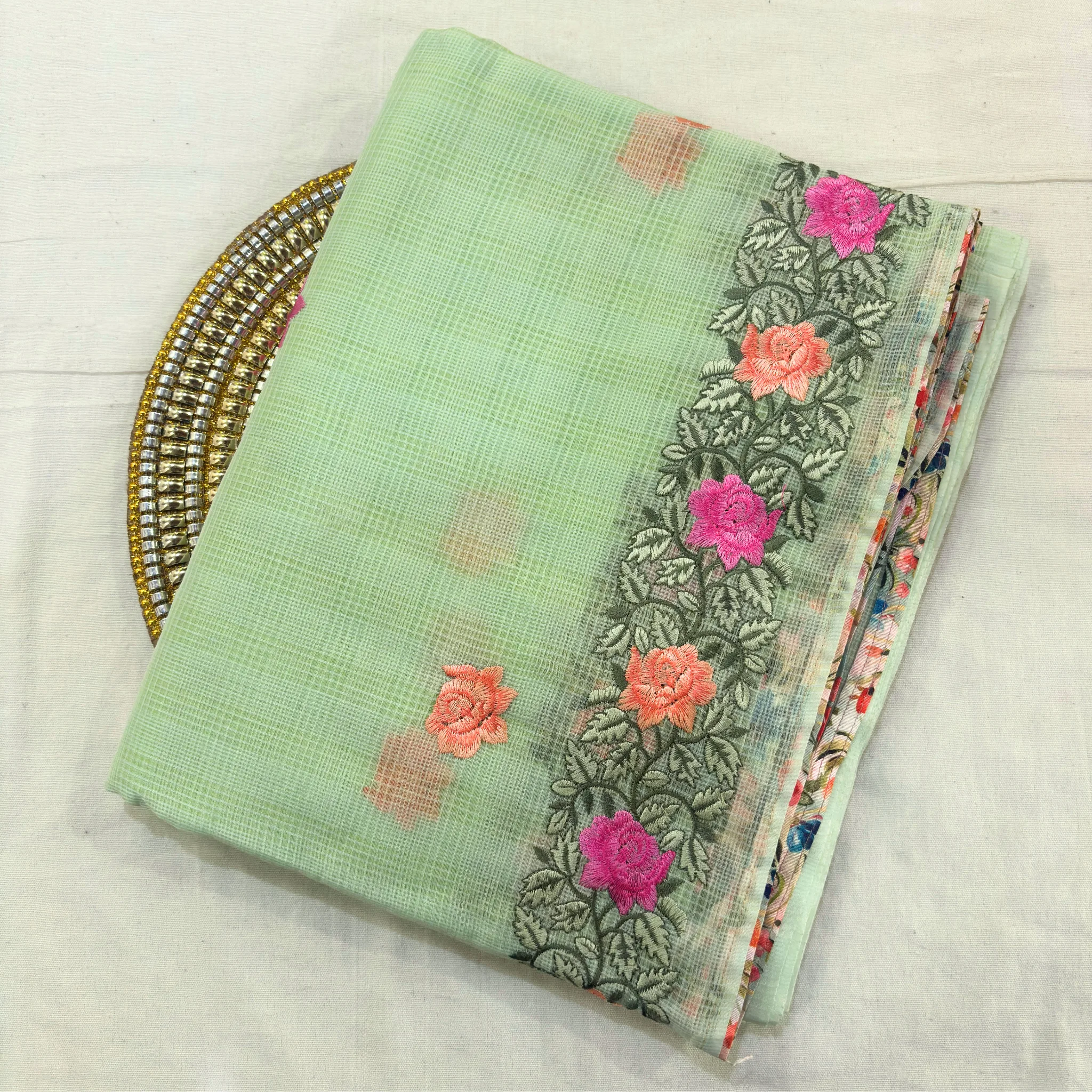 Kota Doria Rose Embroidered Saree — Mint Green - Image 2