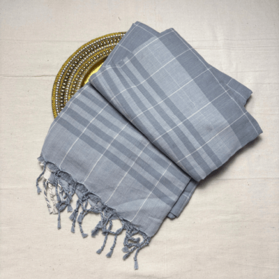 Khadi Monochrome Check Handloom Saree — Grey - Image 6