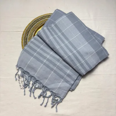 Khadi Monochrome Check Handloom Saree — Grey - Image 6
