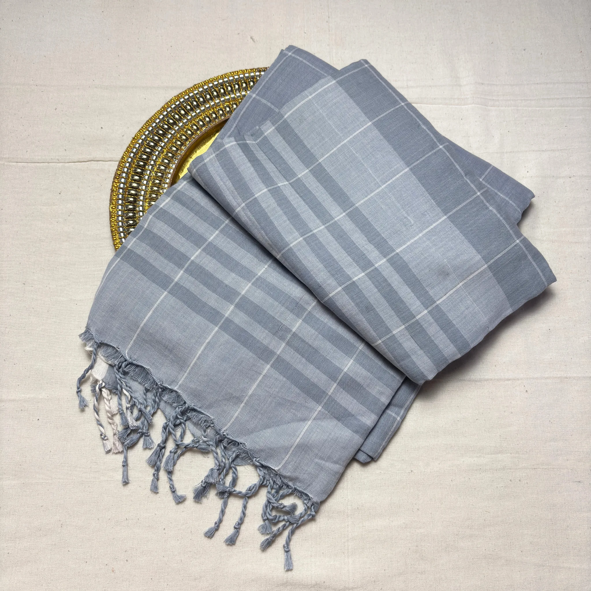 Khadi Monochrome Check Handloom Saree — Grey - Image 6