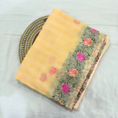 Alternative view of Kota Doria Rose Embroidered Saree — Yellow