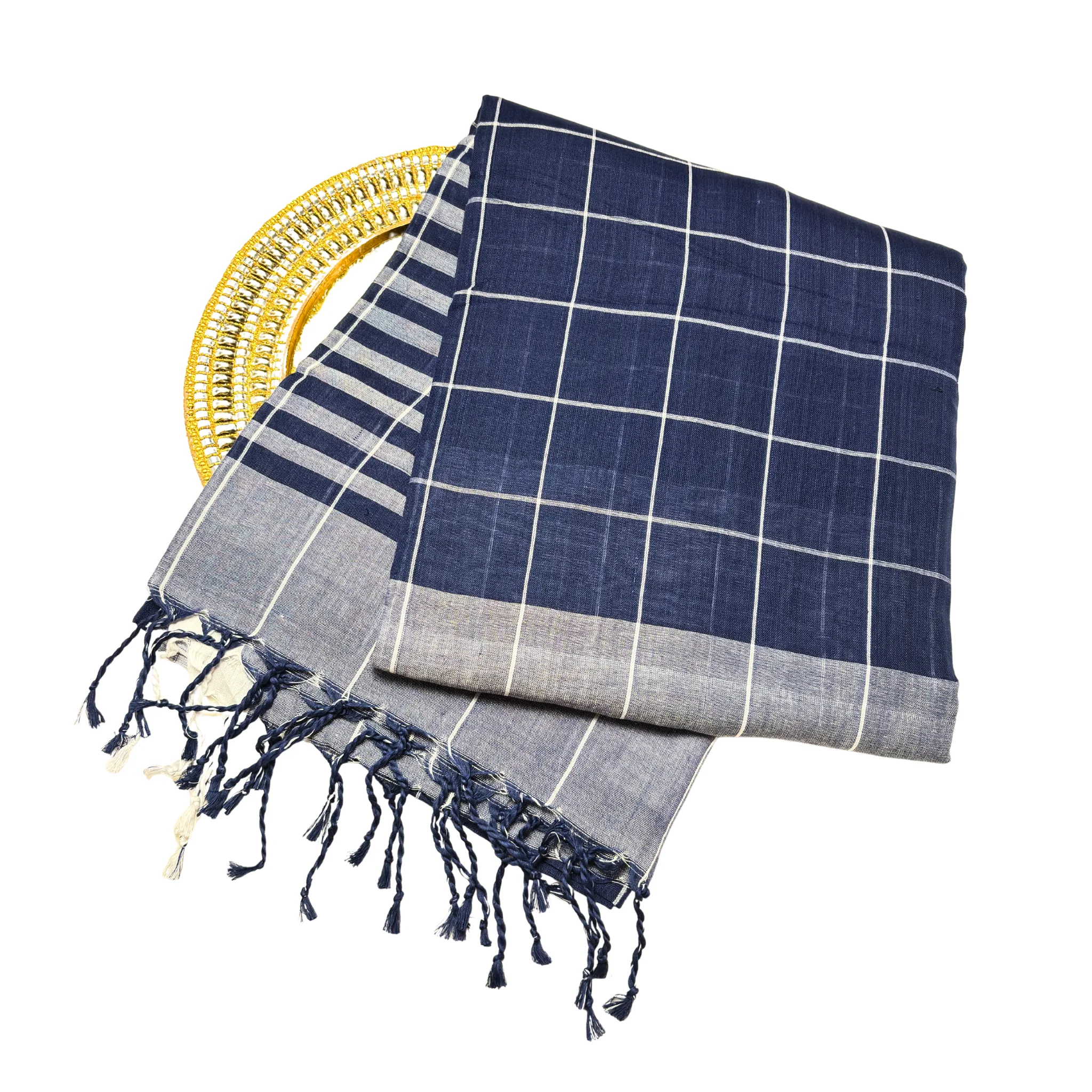 Khadi Monochrome Check Handloom Saree — Navy Blue - Image 6