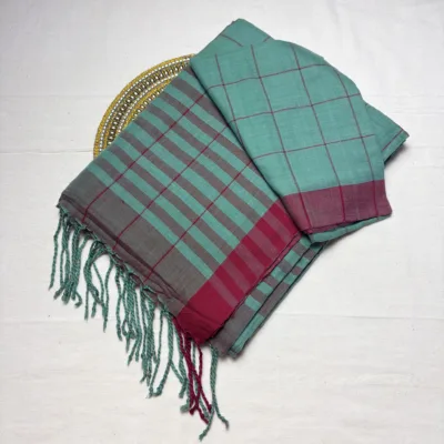 Khadi Check Handloom Saree — Green - Image 6