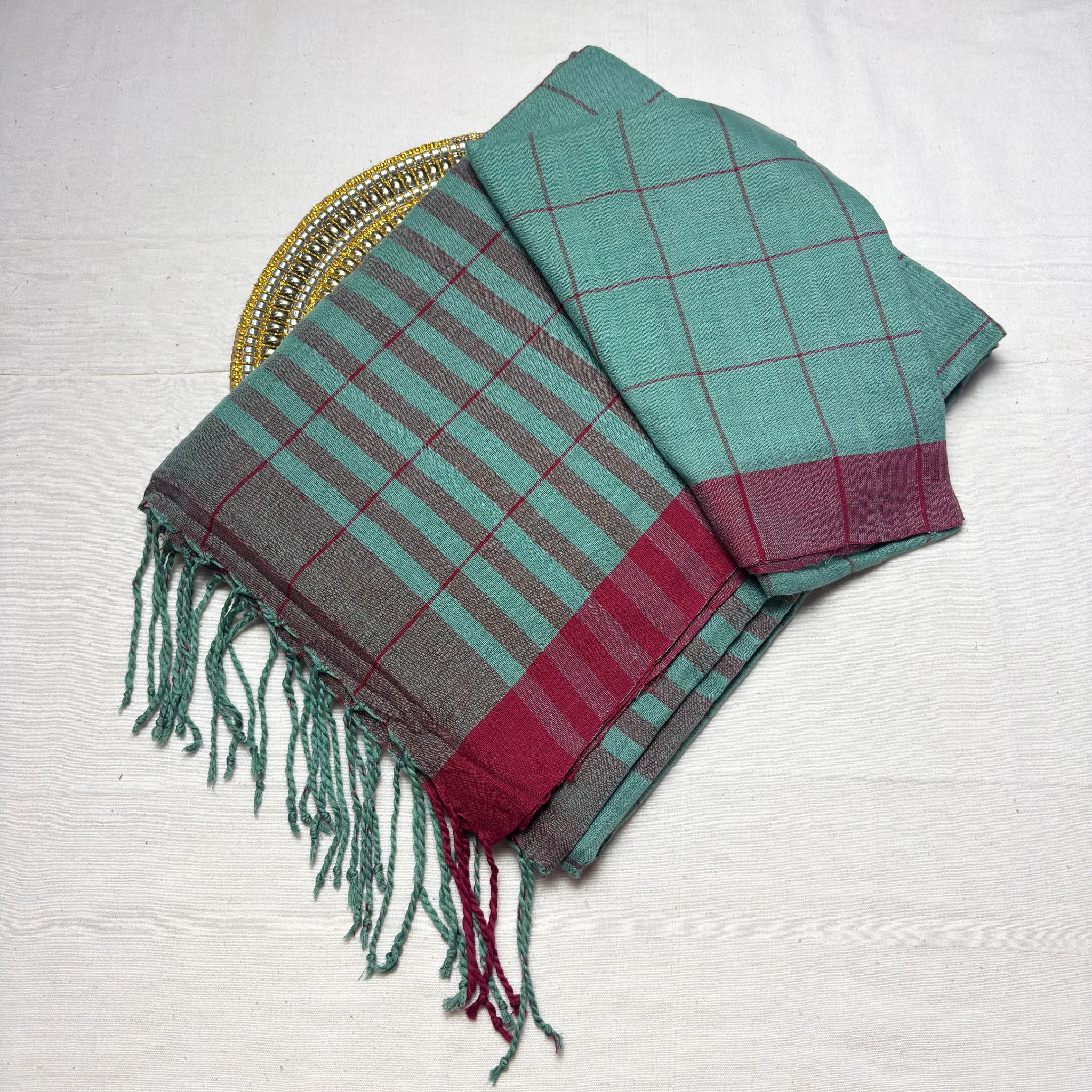 Khadi Check Handloom Saree — Green - Image 6