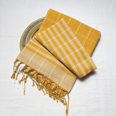 Khadi Monochrome Check Handloom Saree — Mustard - Image 6
